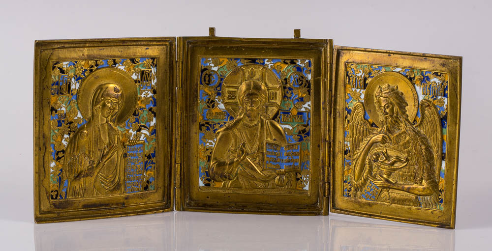 Складень трёхстворчатый из бронзы и эмали, Россия, 19 век